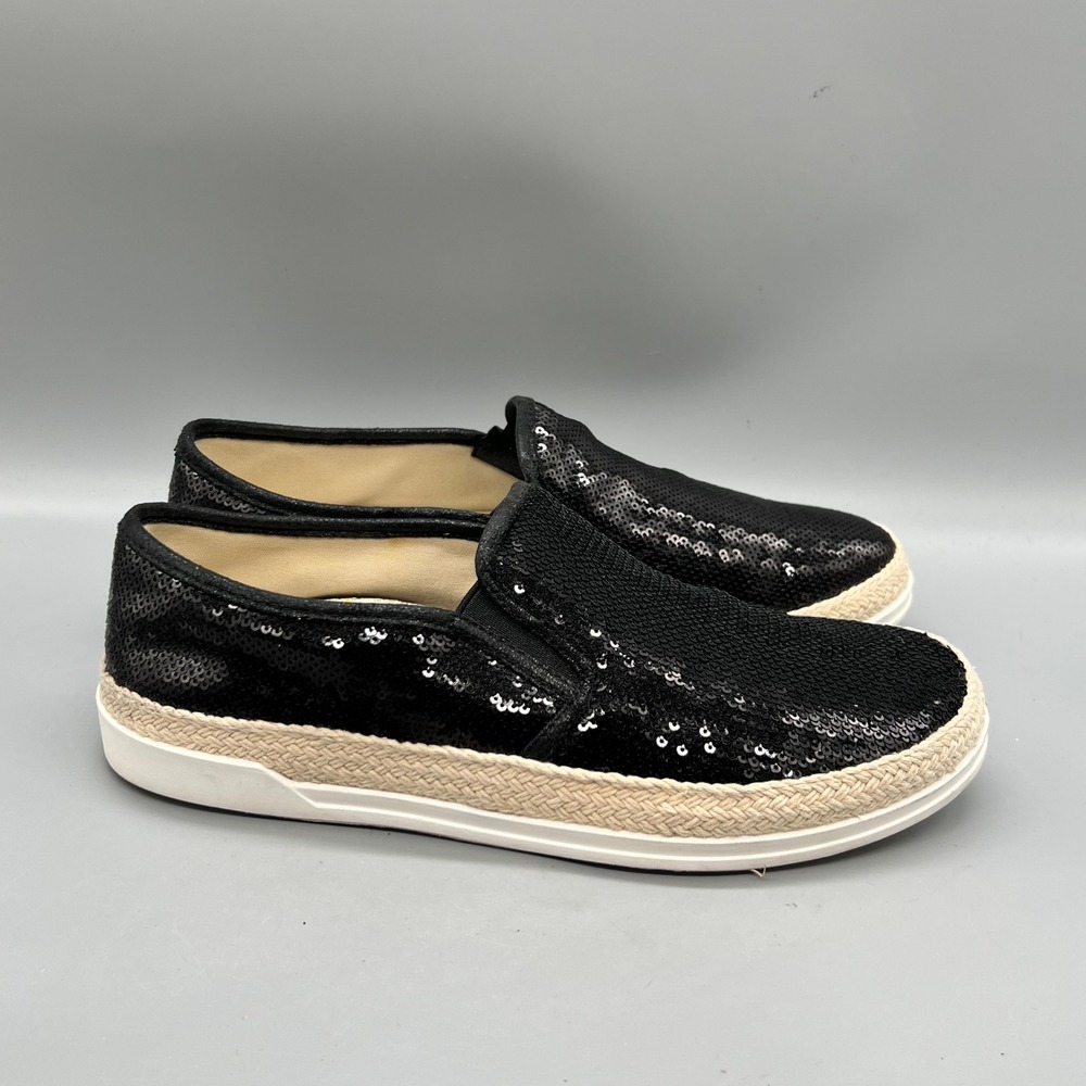 Wanted Shoes Womens 8 Black Gleaming Sequin Espadrille Slip On Sneakers Casual